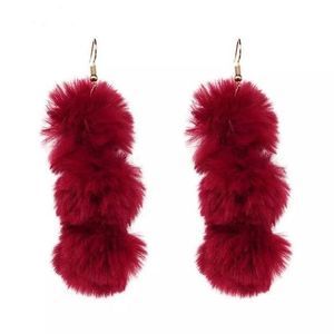 Bohemia Triple Pompon Drop Earrings - Burgundy